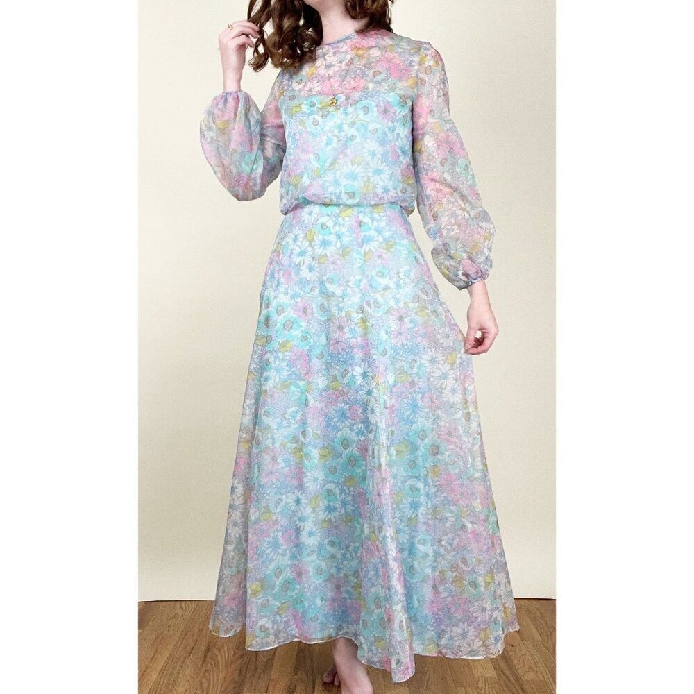 Vintage 70s Handmade Floral Gown Long Poof Puff Sleeve Princess Maxi Dress 1970s - Picture 4 of 8